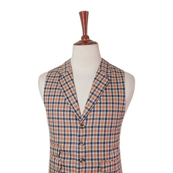 Mens Wool Vest 46R Orange Blue Plaid Check Waistcoat Preppy Casual Wedding Party - Picture 3 of 8